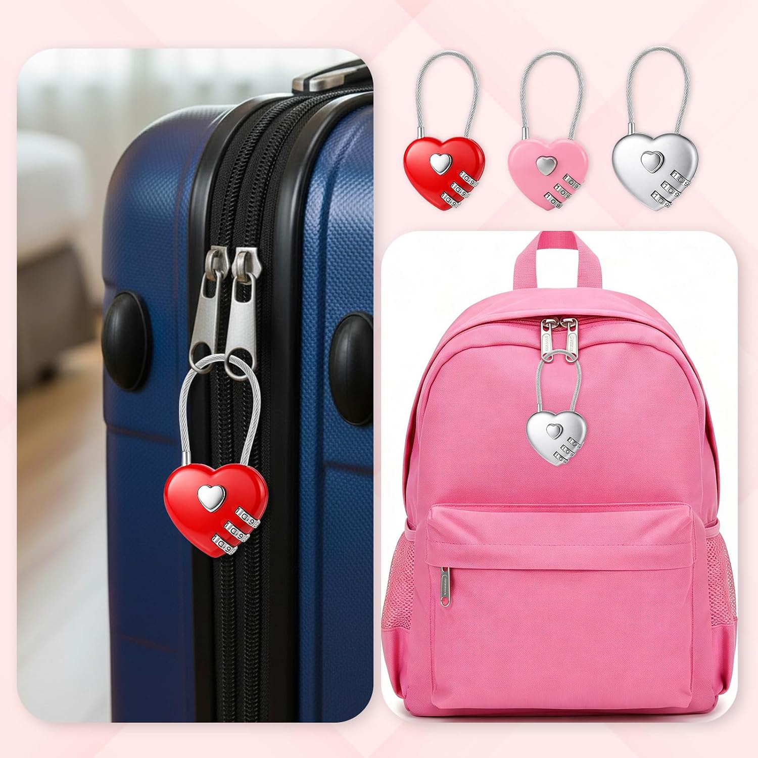 Cable Lock Combination - Pembe Kalp Şeklinde 3 Haneli Kombinasyonlu
